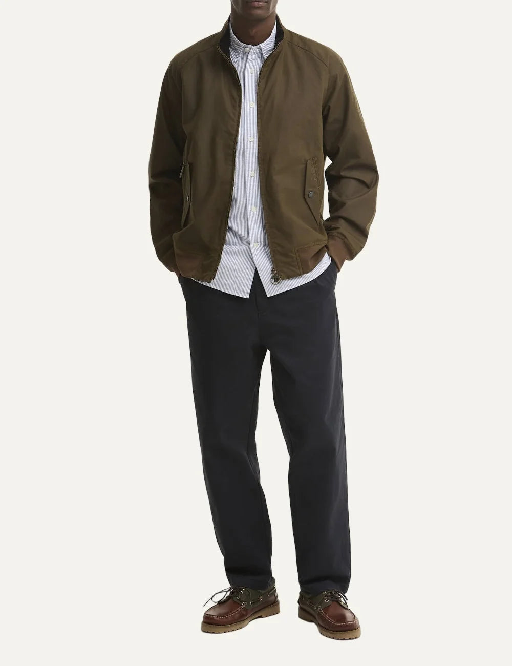 Men's Barbour Chelsea Blouson brown waxed cotton jacket with ribbed cuffs and hem, zip fastening and tartan lining full look