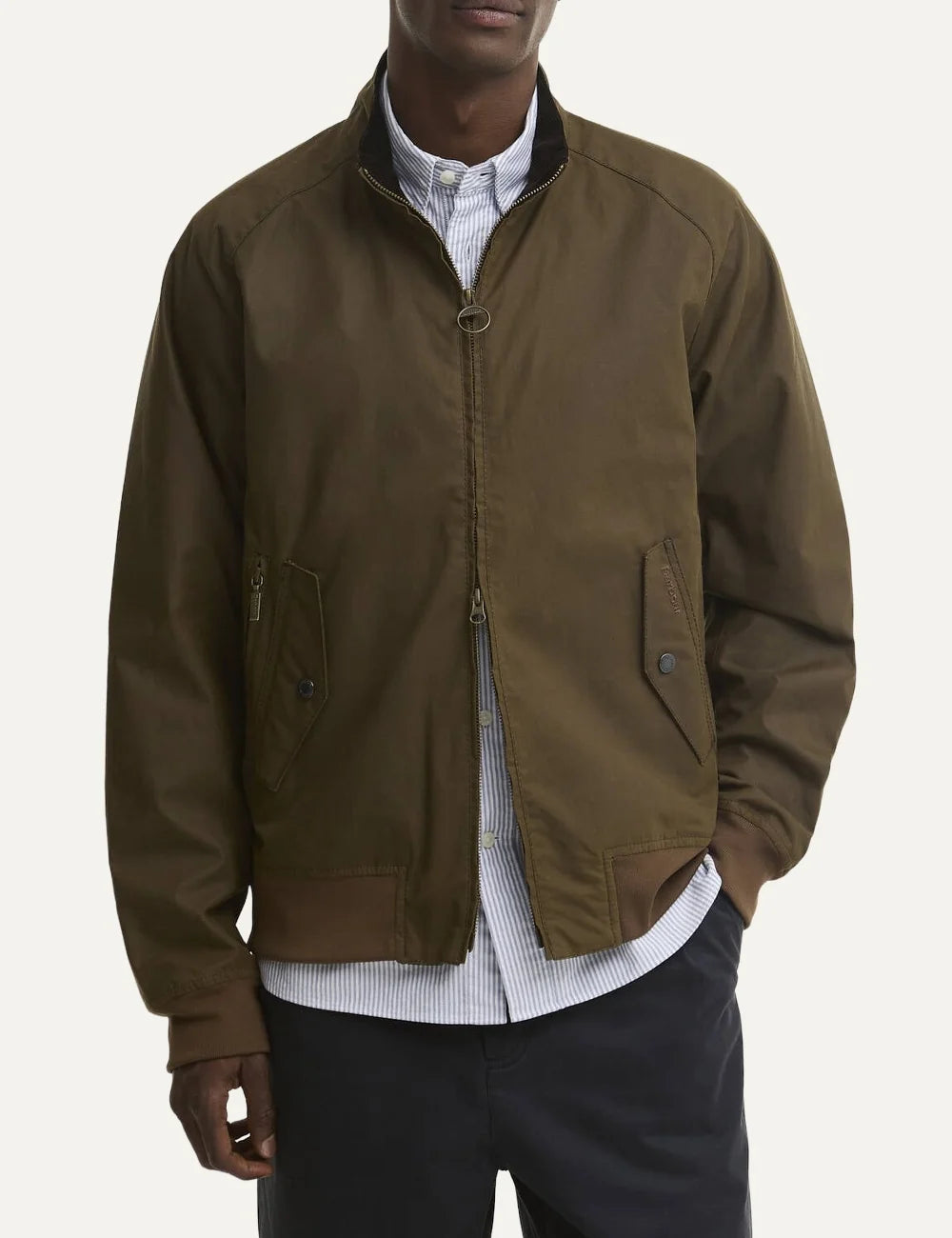 Men's Barbour Chelsea Blouson brown waxed cotton jacket with ribbed cuffs and hem, zip fastening and tartan lining front view