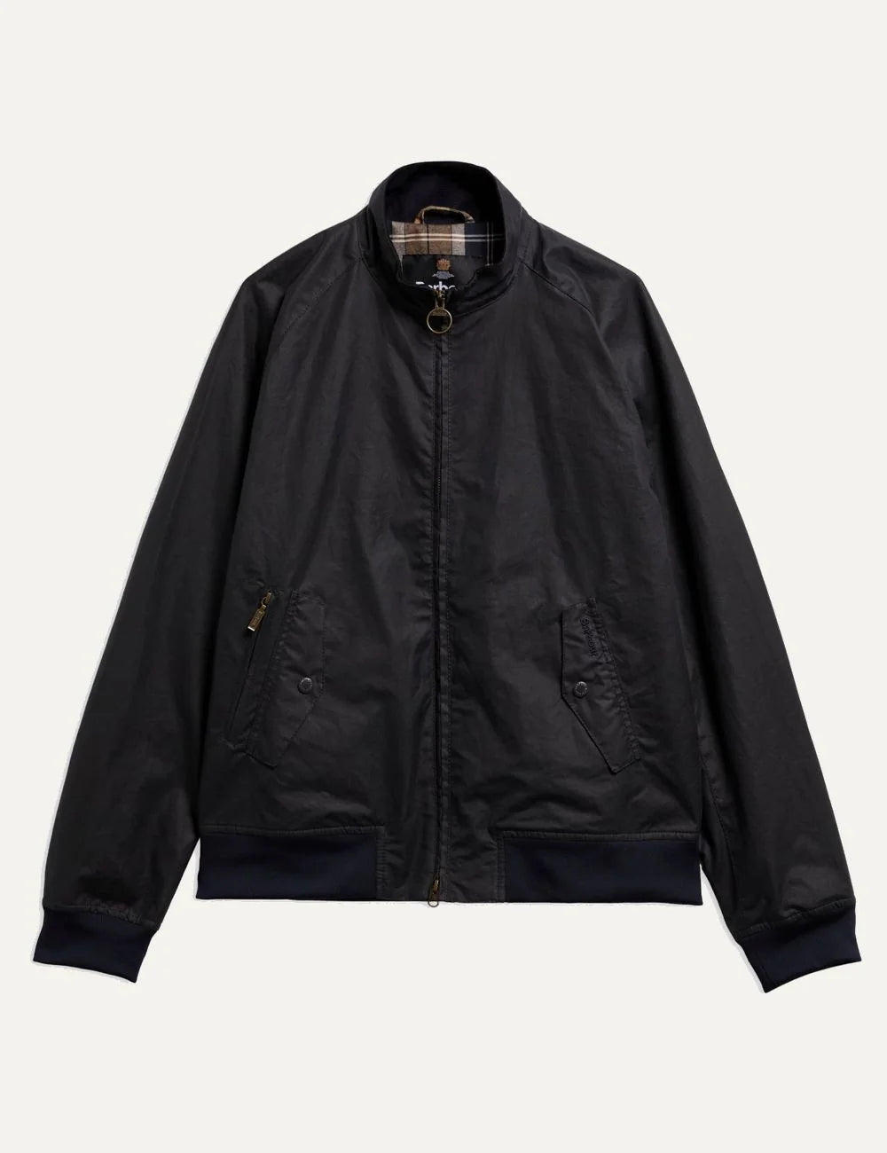 Men's Barbour Chelsea Blouson navy waxed cotton jacket with ribbed cuffs and hem, zip fastening and tartan lining oroduct shot