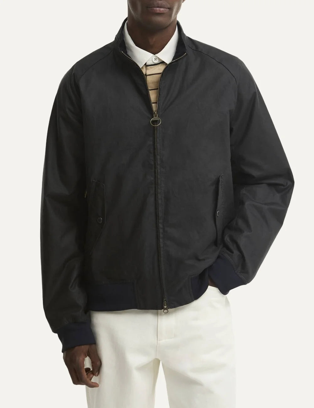 Men's Barbour Chelsea Blouson navy waxed cotton jacket with ribbed cuffs and hem, zip fastening and tartan liningfront view