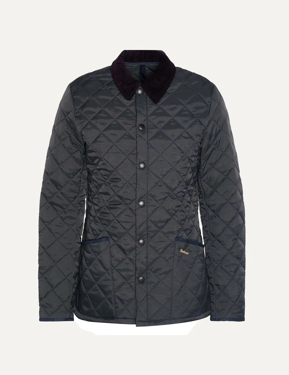 Men's Barbour Heritage Liddesdale dark grey diamond quilted jacket with corduroy collar, snap fastening and patch pockets product shot