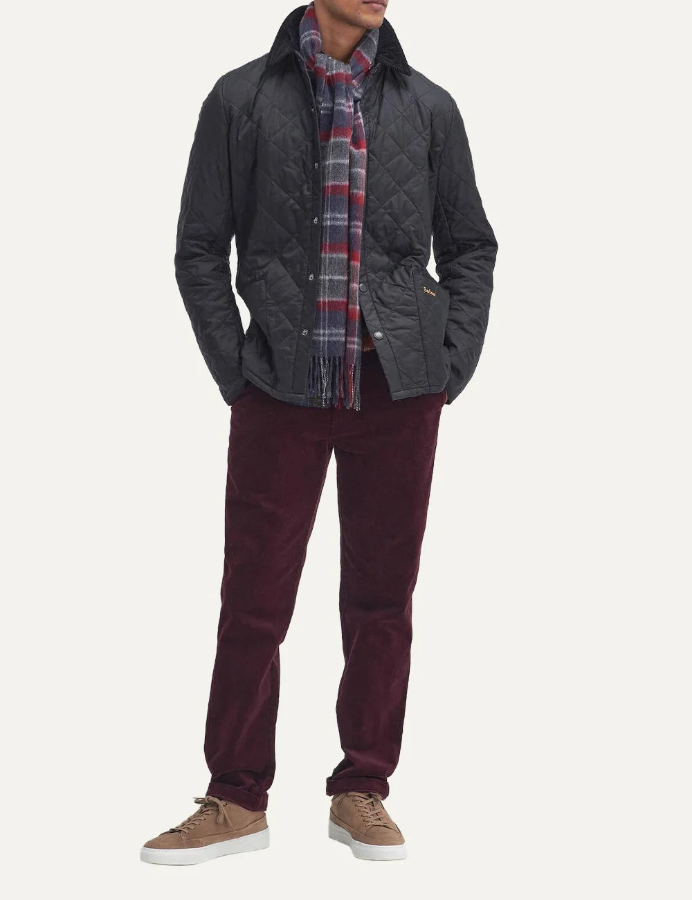 Men's Barbour Heritage Liddesdale dark grey diamond quilted jacket with corduroy collar, snap fastening and patch pockets full look