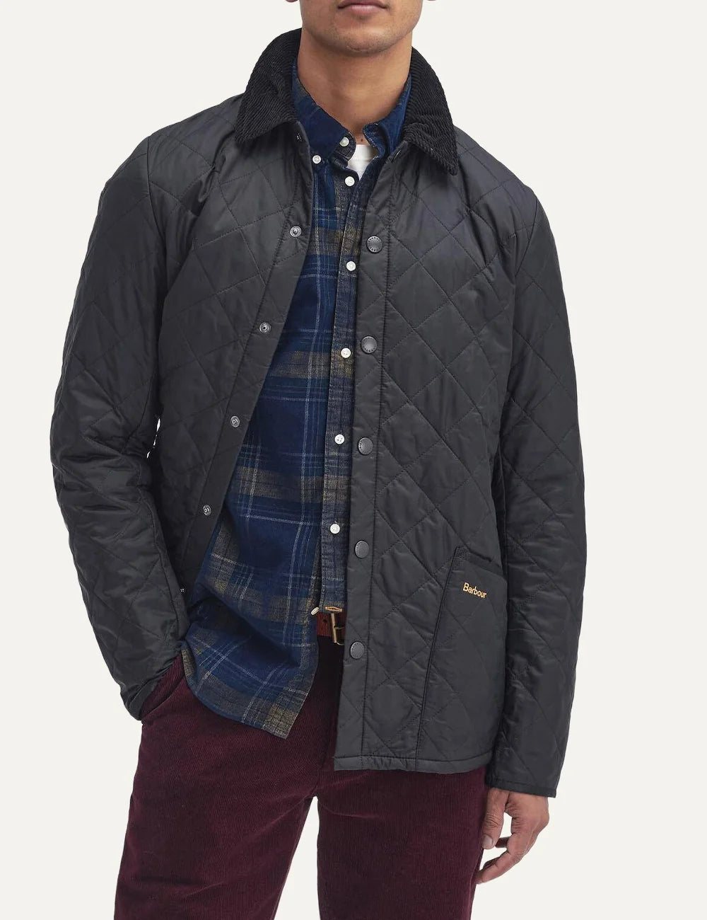 Men's Barbour Heritage Liddesdale dark grey diamond quilted jacket with corduroy collar, snap fastening and patch pockets front view