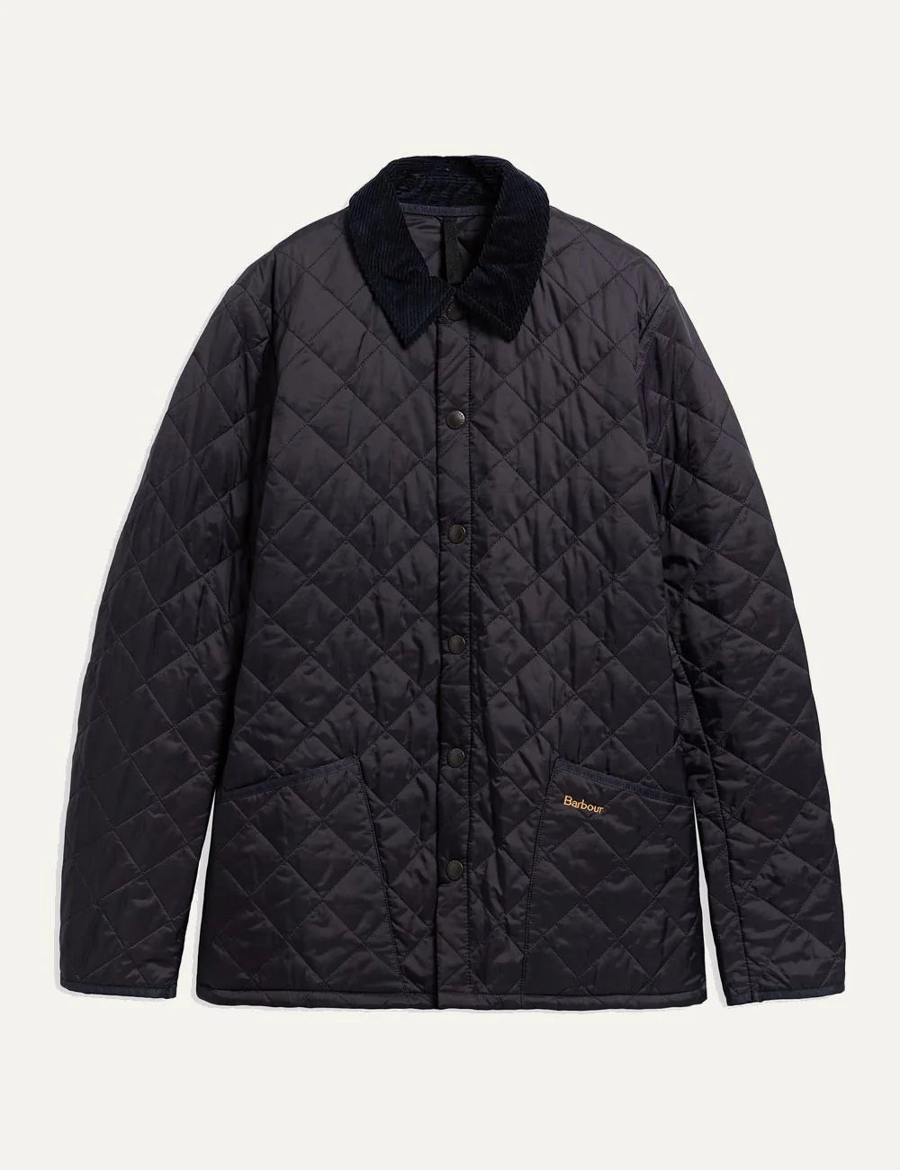 Men's Barbour Heritage Liddesdale navy diamond quilted jacket with corduroy collar, snap fastening and patch pockets product shot