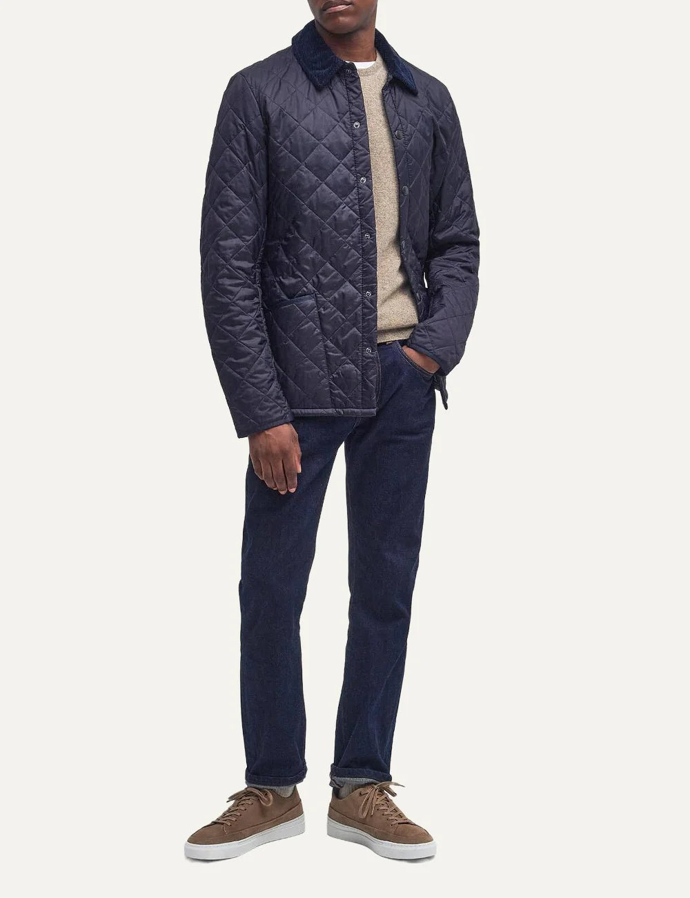 Men's Barbour Heritage Liddesdale navy diamond quilted jacket with corduroy collar, snap fastening and patch pockets full look