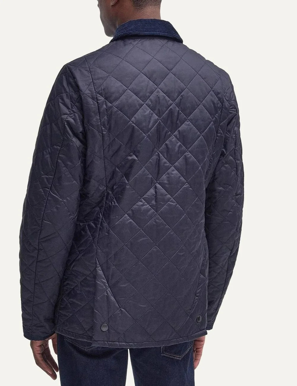 Men's Barbour Heritage Liddesdale navy diamond quilted jacket with corduroy collar, snap fastening and patch pocketsback view