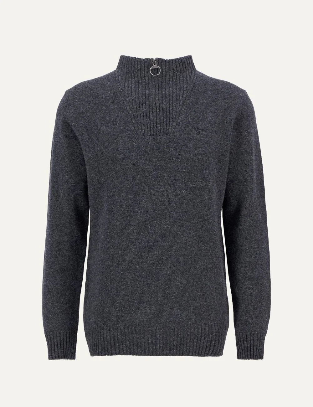 Men's Barbour dark grey lambswool sweater with funnel neck, zip closure and embroidered logo product shot