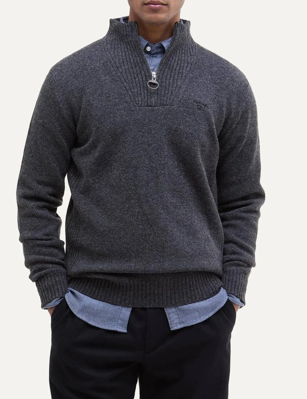 Men's Barbour dark grey lambswool sweater with funnel neck, zip closure and embroidered logo front view