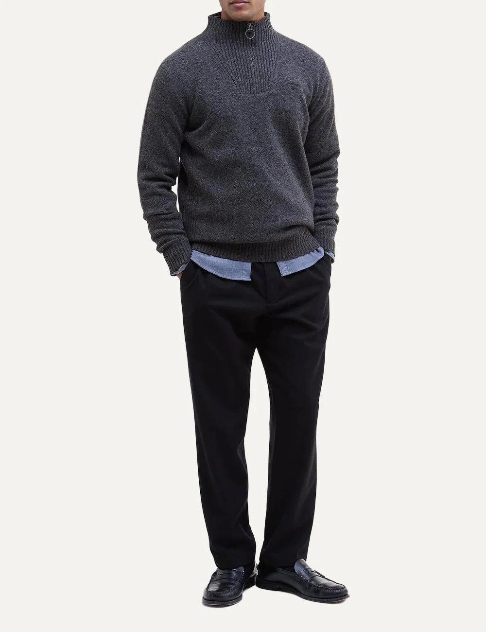 Men's Barbour dark grey lambswool sweater with funnel neck, zip closure and embroidered logo full look