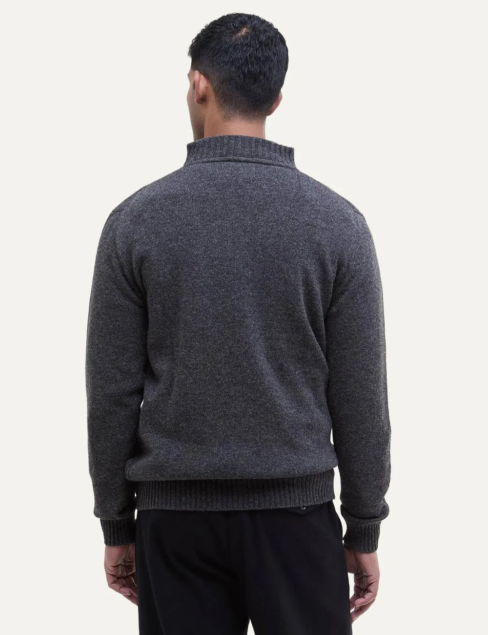Men's Barbour dark grey lambswool sweater with funnel neck, zip closure and embroidered logoback view
