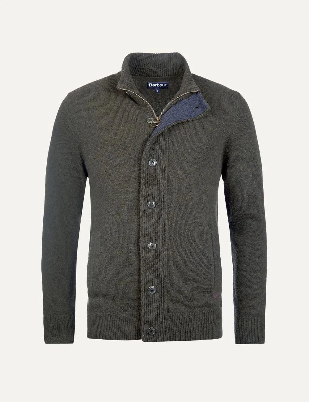 Men's Barbour dark green pure lambswool knitted cardigan with high collar, button closure and Alcantara elbow patches product shot