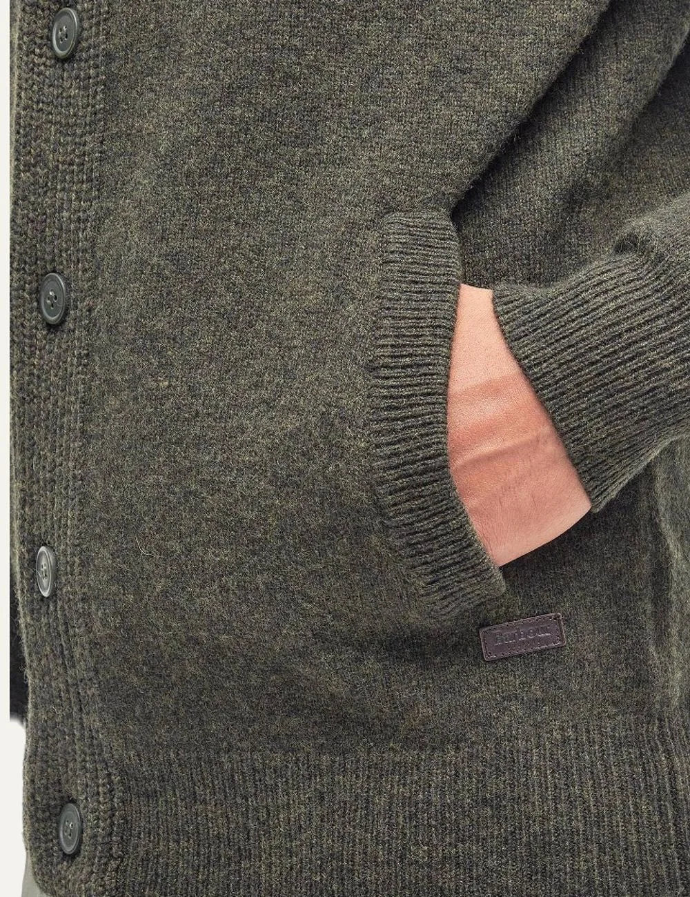 Men's Barbour dark green pure lambswool knitted cardigan with high collar, button closure and Alcantara elbow patchespocket detail