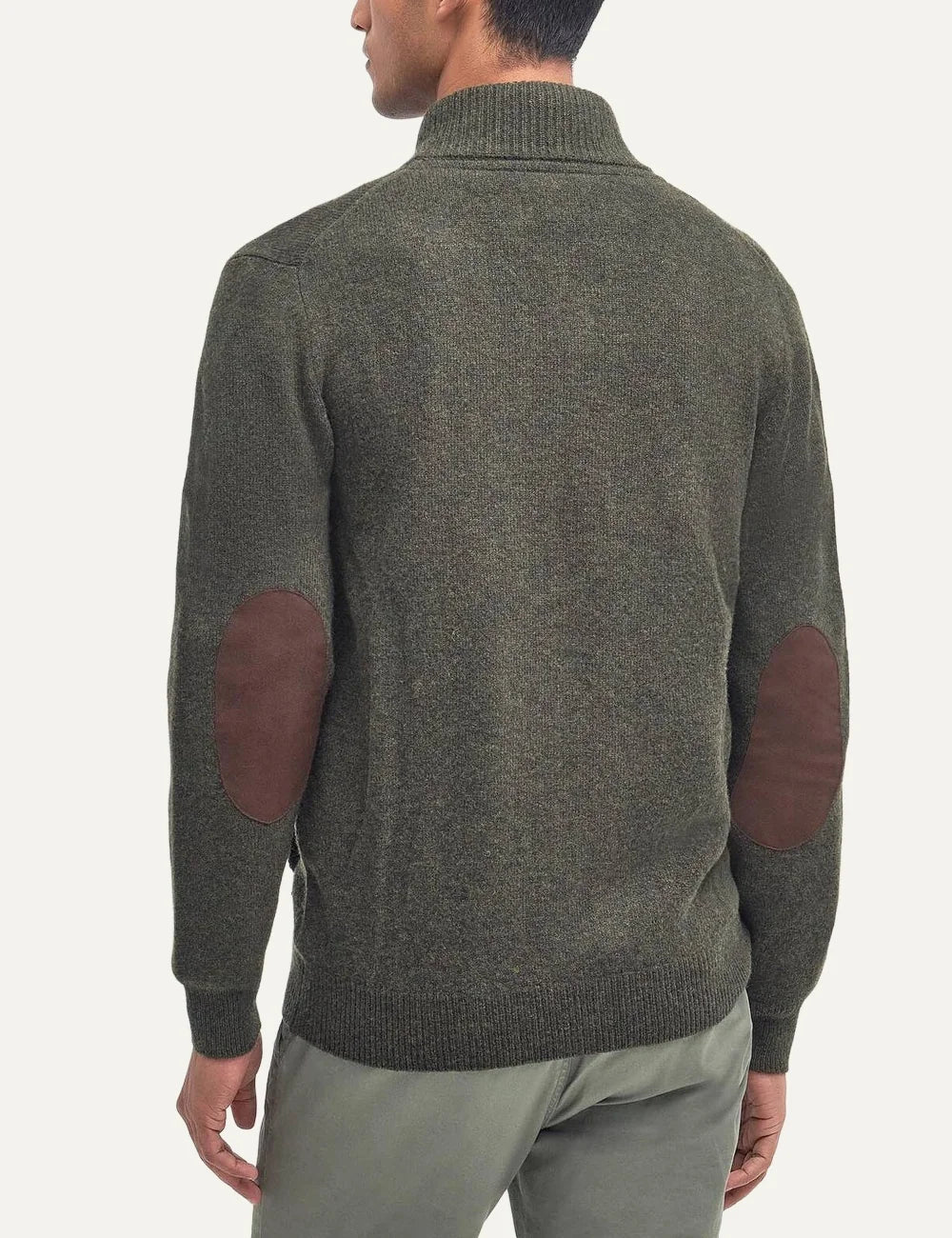 Men's Barbour dark green pure lambswool knitted cardigan with high collar, button closure and Alcantara elbow patches back view