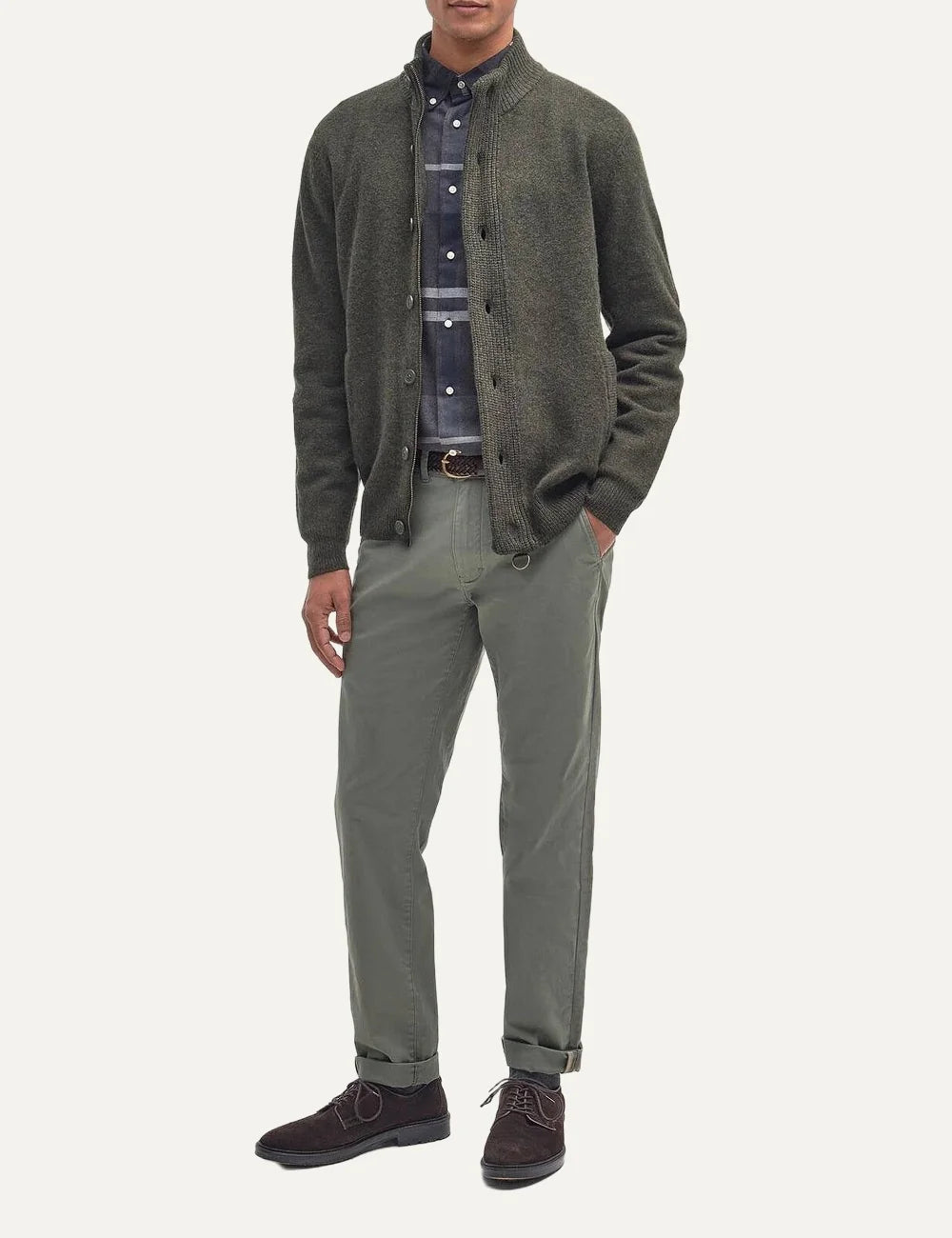 Men's Barbour dark green pure lambswool knitted cardigan with high collar, button closure and Alcantara elbow patches full look