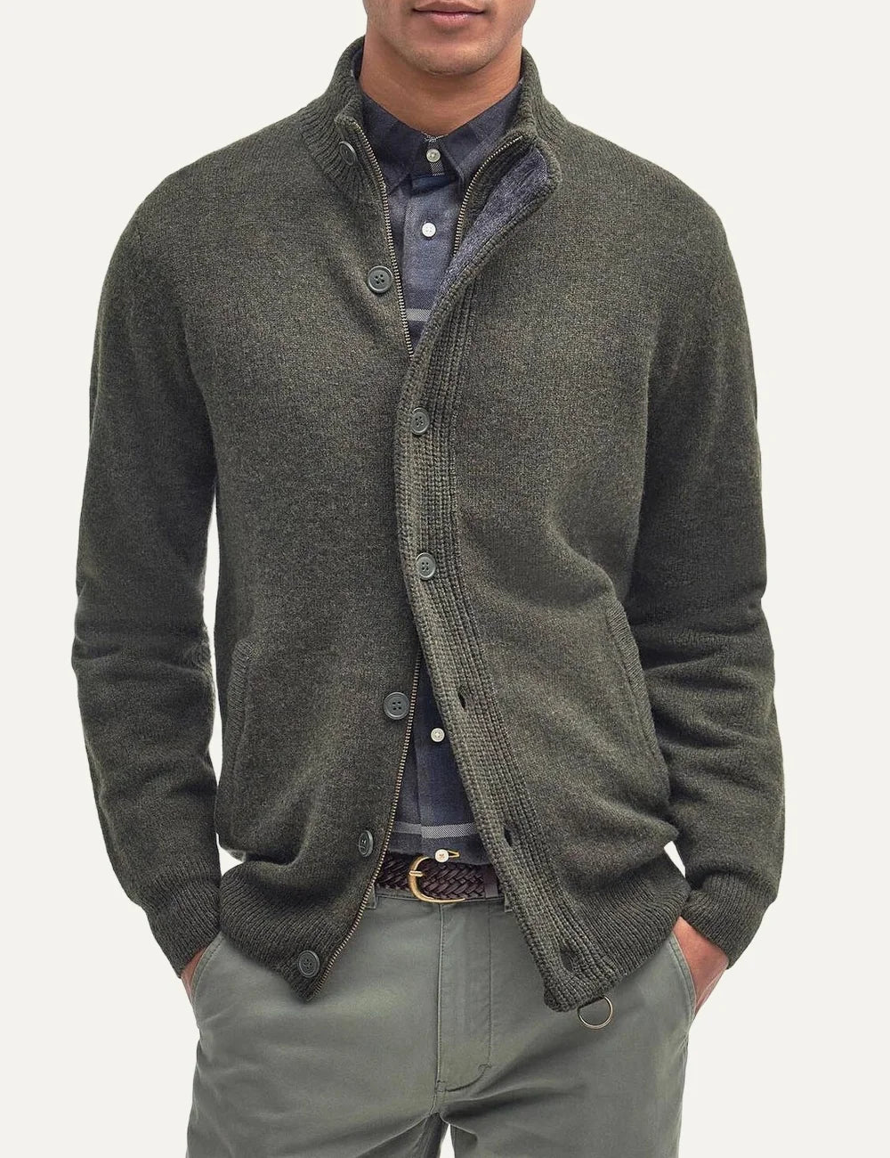 Men's Barbour dark green pure lambswool knitted cardigan with high collar, button closure and Alcantara elbow patches front view