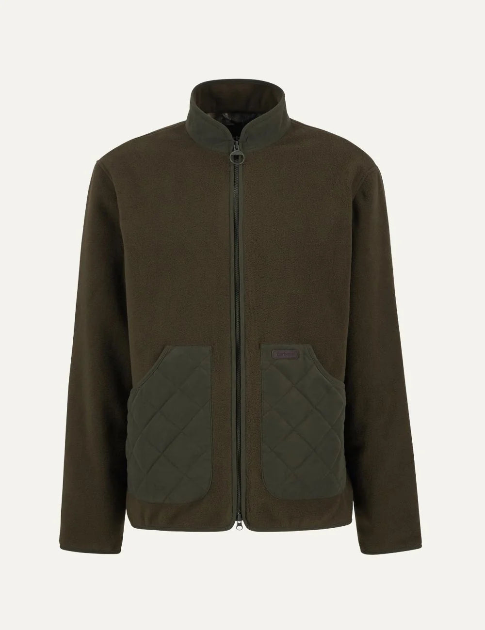 Men's Barbour Lowich fleece jacket in olive brown with stand collar, two-way zip and contrasting quilted pockets product shot
