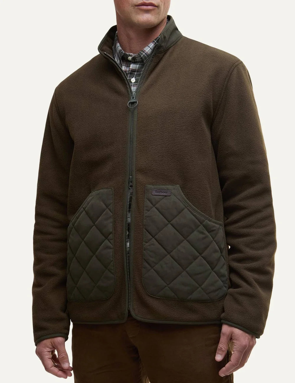 Men's Barbour Lowich fleece jacket in olive brown with stand collar, two-way zip and contrasting quilted pockets front view details