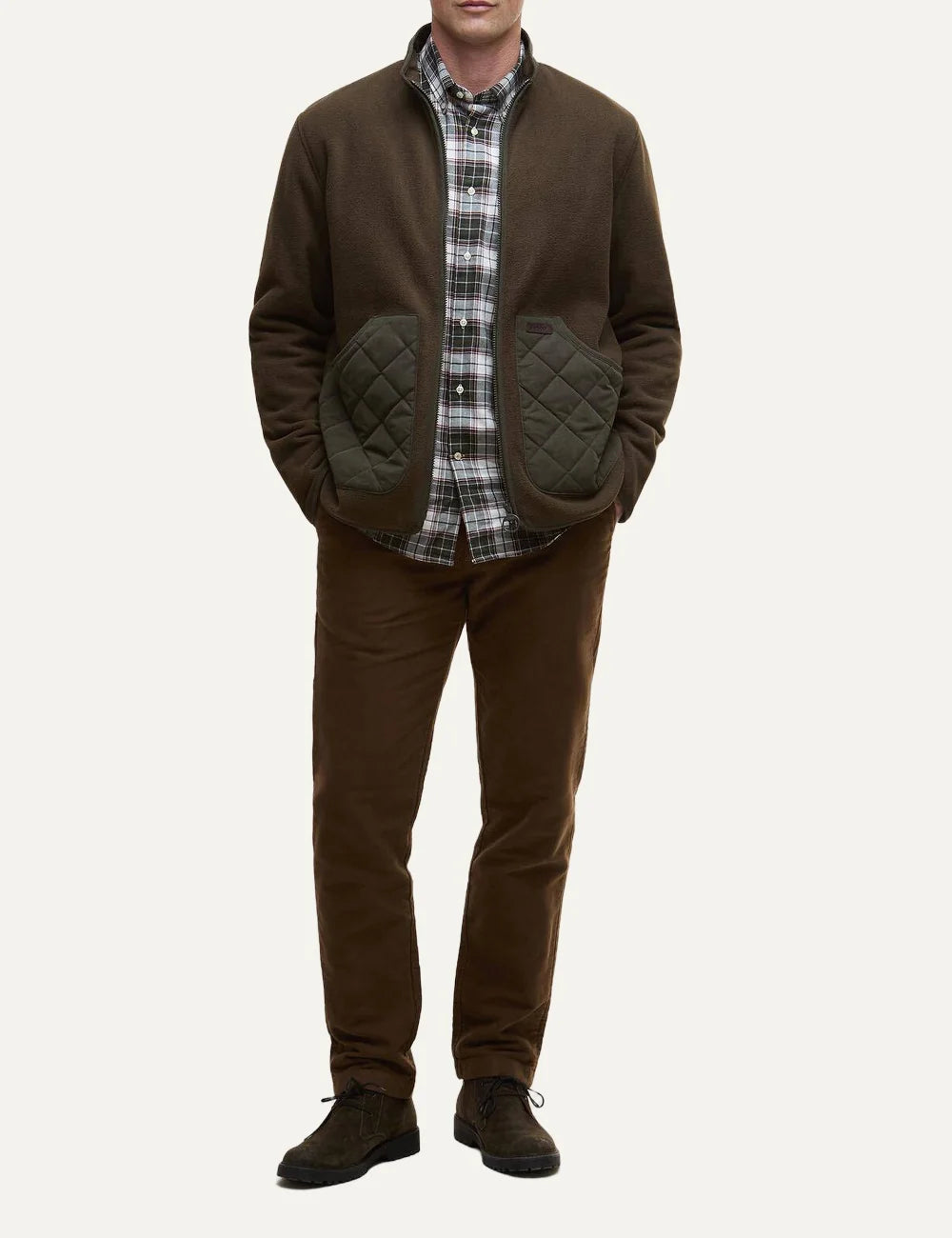 Men's Barbour Lowich fleece jacket in olive brown with stand collar, two-way zip and contrasting quilted pockets full look