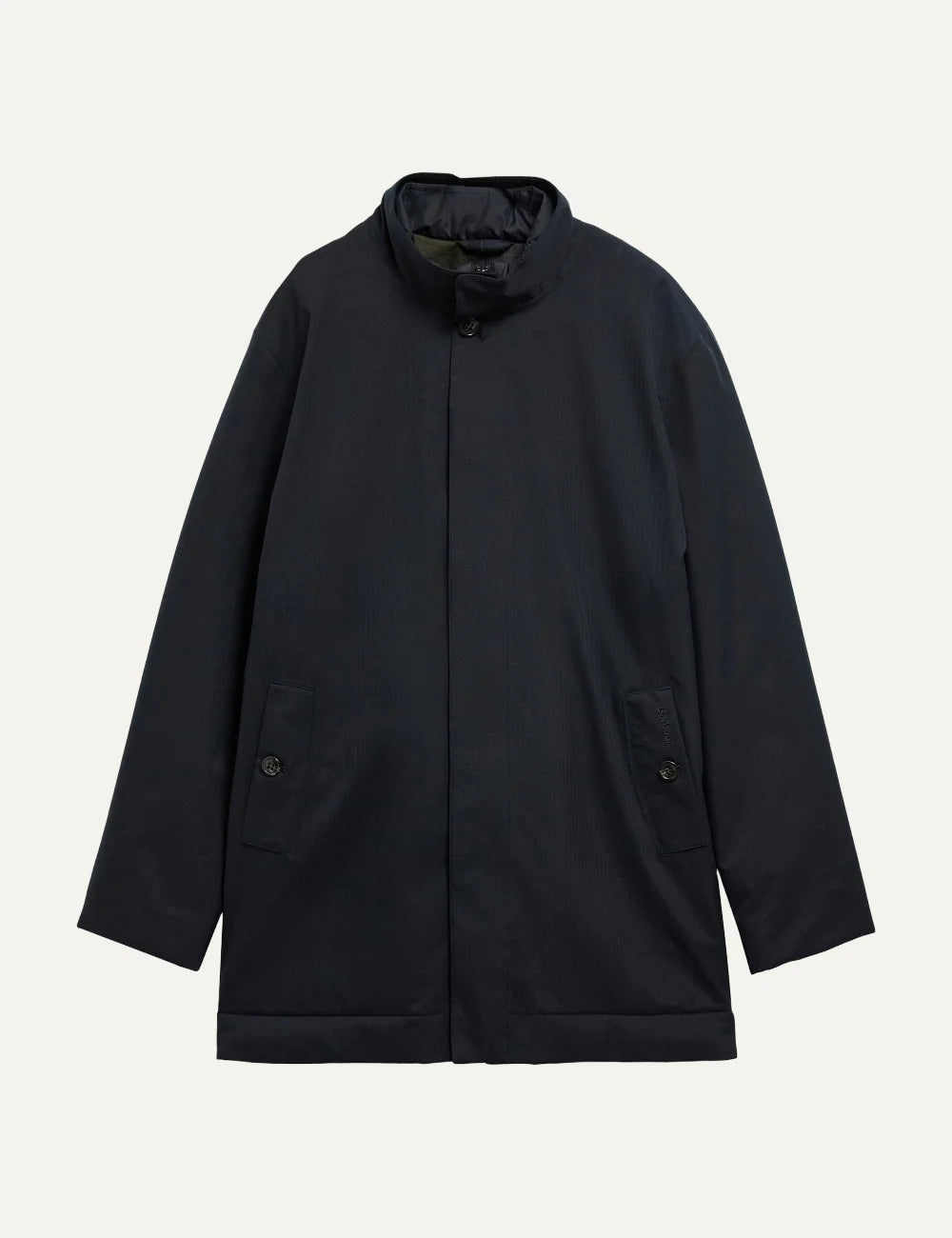 Men's Barbour Northdale navy waterproof mac coat with brushed herringbone finish, quilted wind guard and concealed button fastening product shot