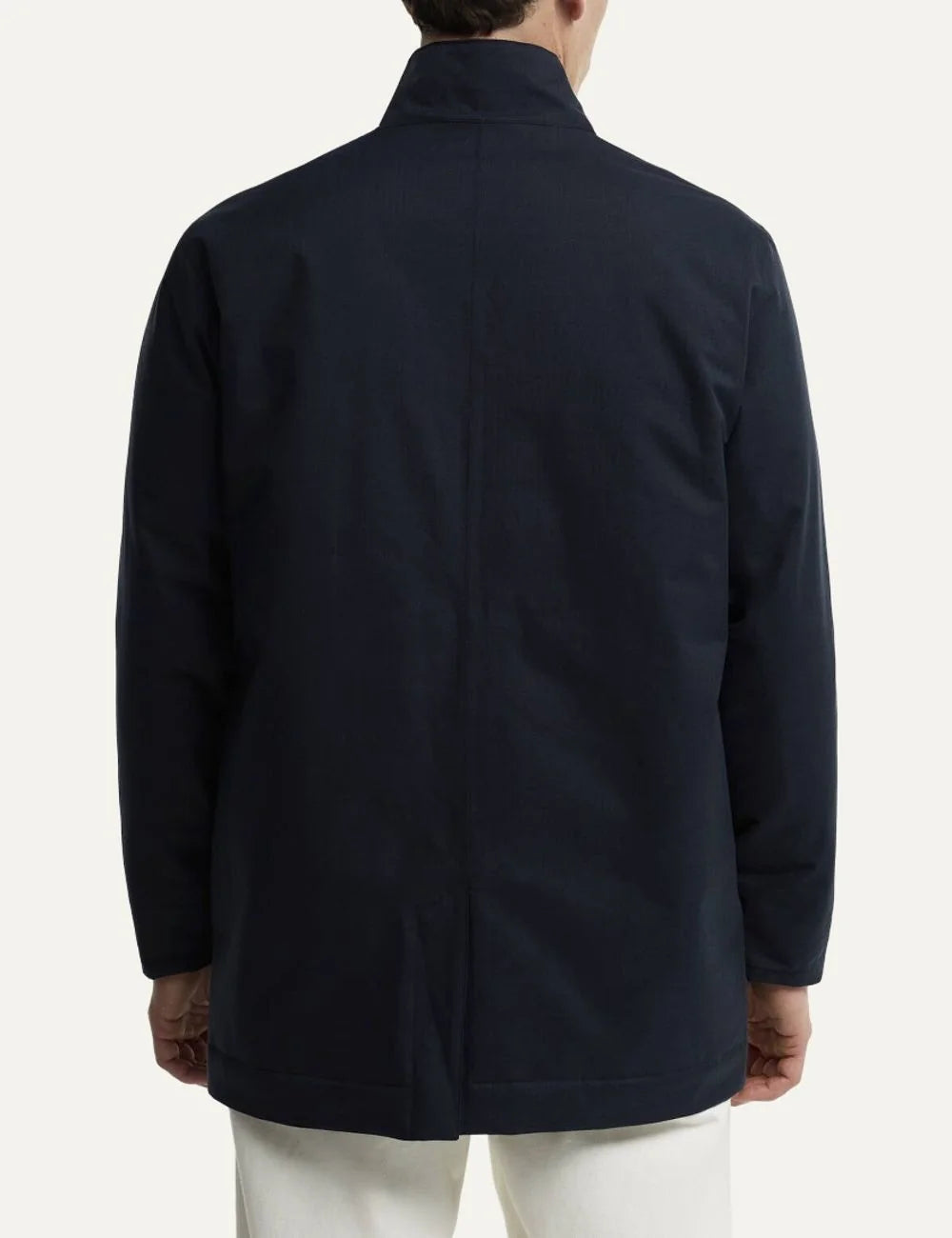 Men's Barbour Northdale navy waterproof mac coat with brushed herringbone finish, quilted wind guard and concealed button fastening back view