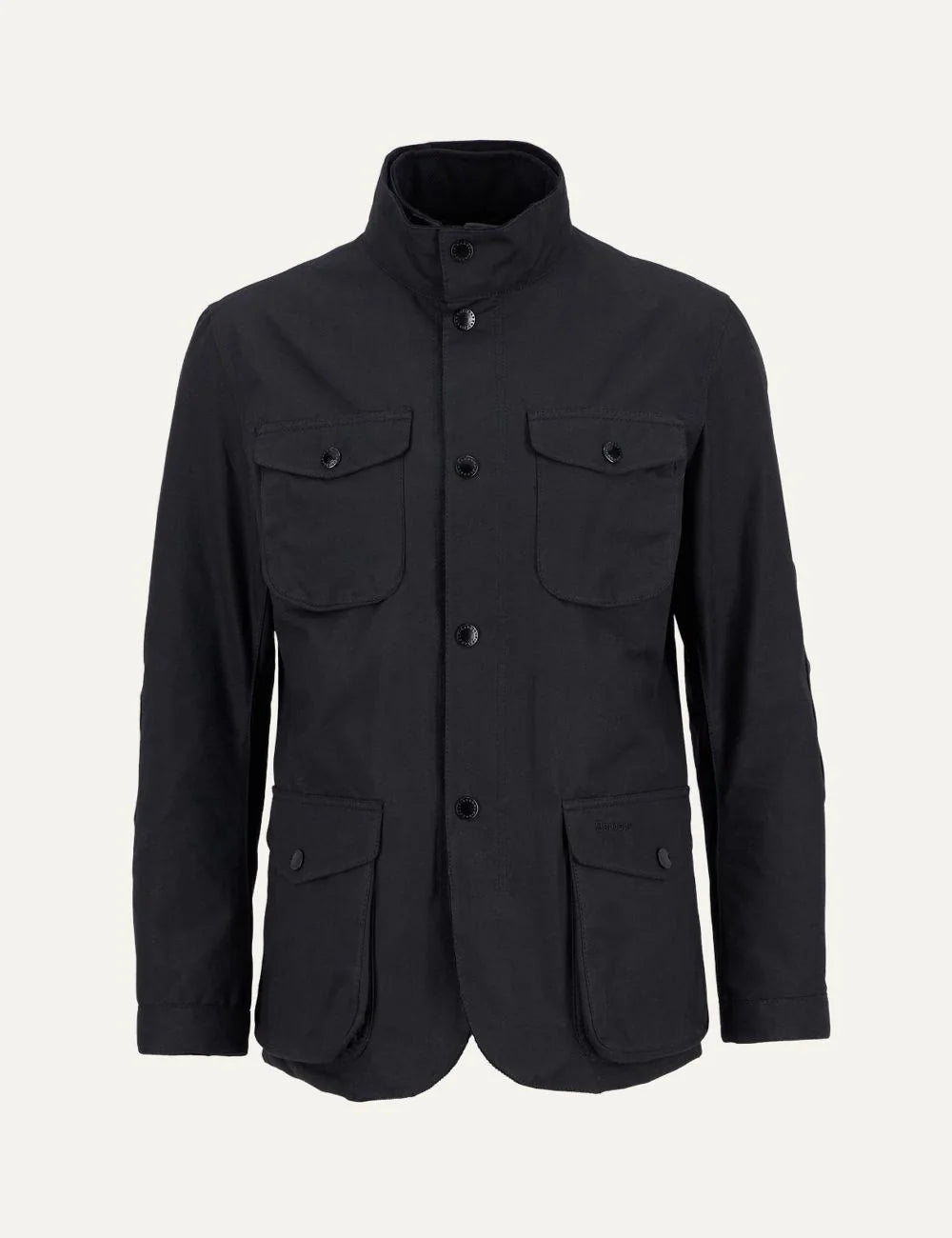 Men's Barbour Ogston black heavyweight waxed cotton jacket with quilted inner vest, stand collar, four utility pockets and leather elbow patches product shot