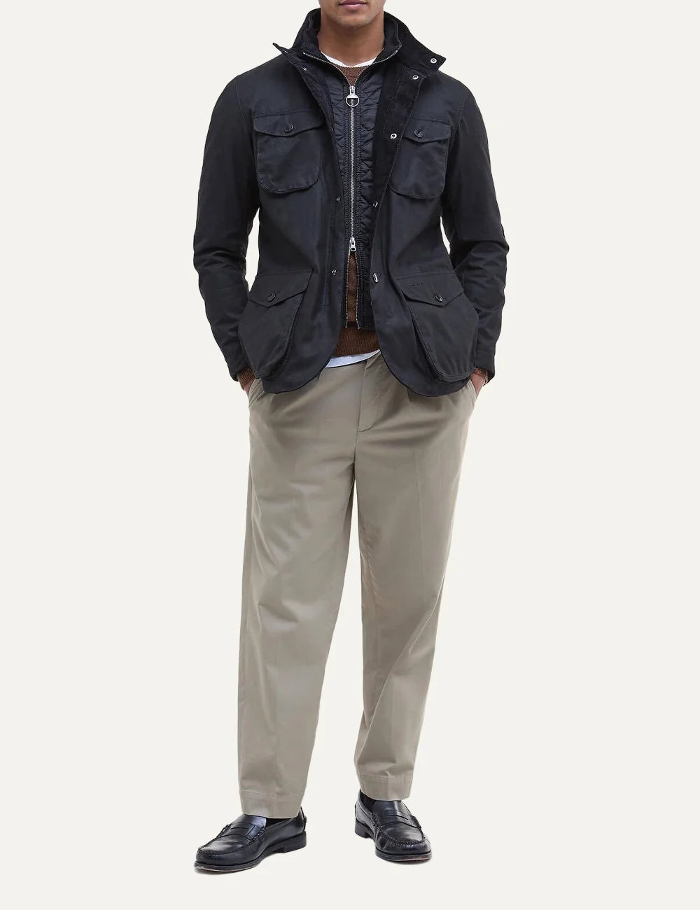Men's Barbour Ogston black heavyweight waxed cotton jacket with quilted inner vest, stand collar, four utility pockets and leather elbow patches full look