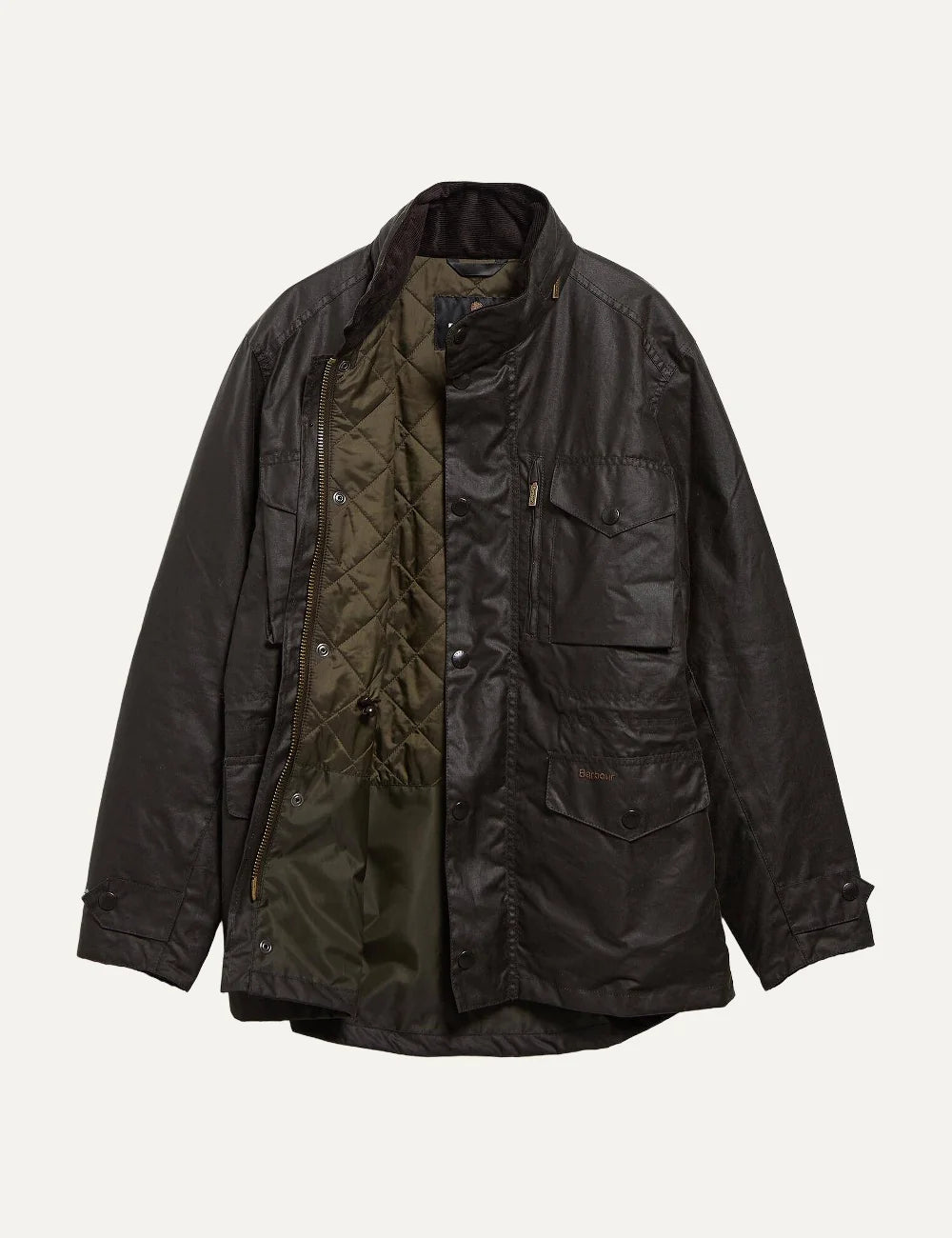 Men's Barbour Sapper dark olive Sylkoil waxed cotton jacket with four pockets, drawcord waist, quilted lining and stowaway waterproof hood propduct shot