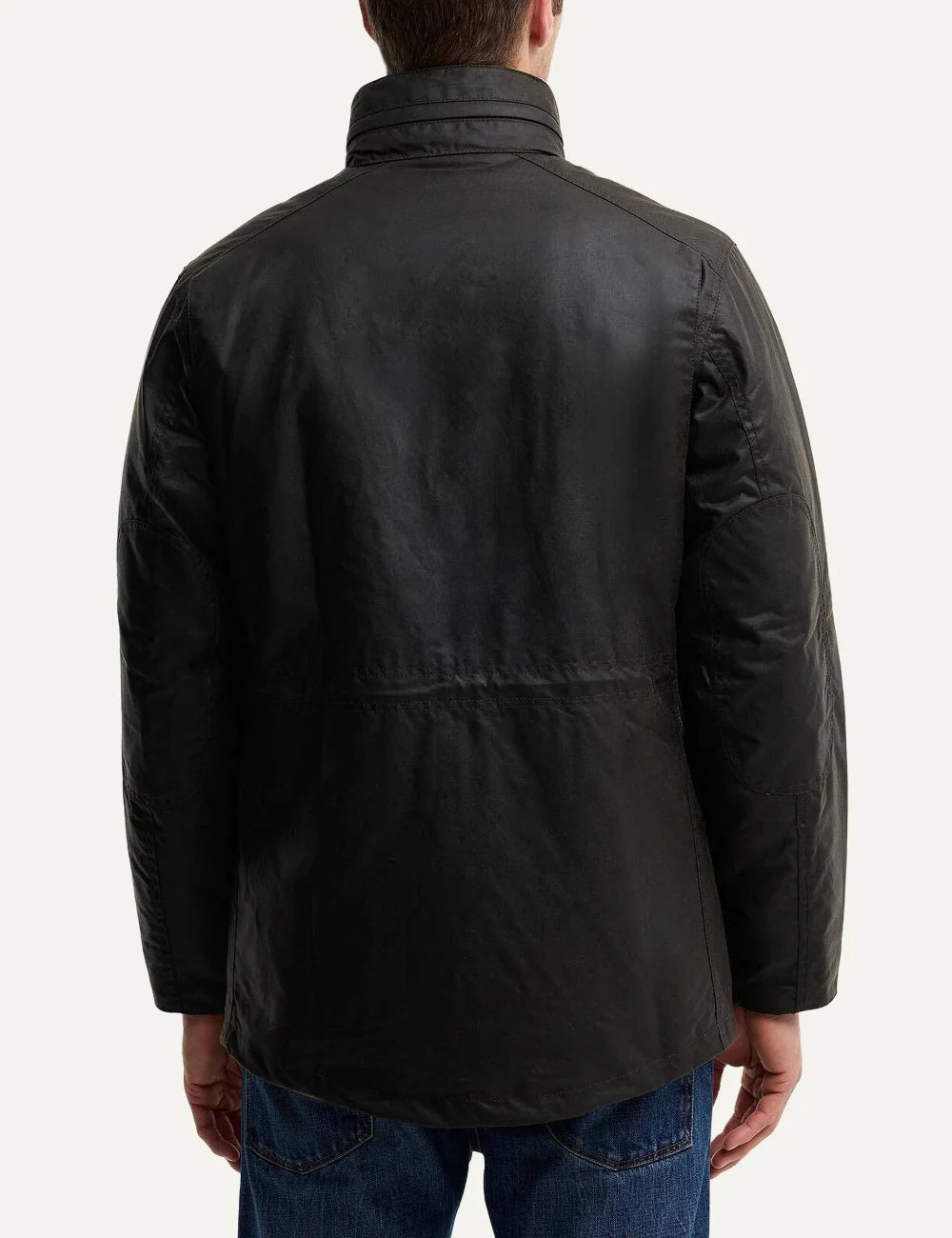 Men's Barbour Sapper dark olive Sylkoil waxed cotton jacket with four pockets, drawcord waist, quilted lining and stowaway waterproof hood back view