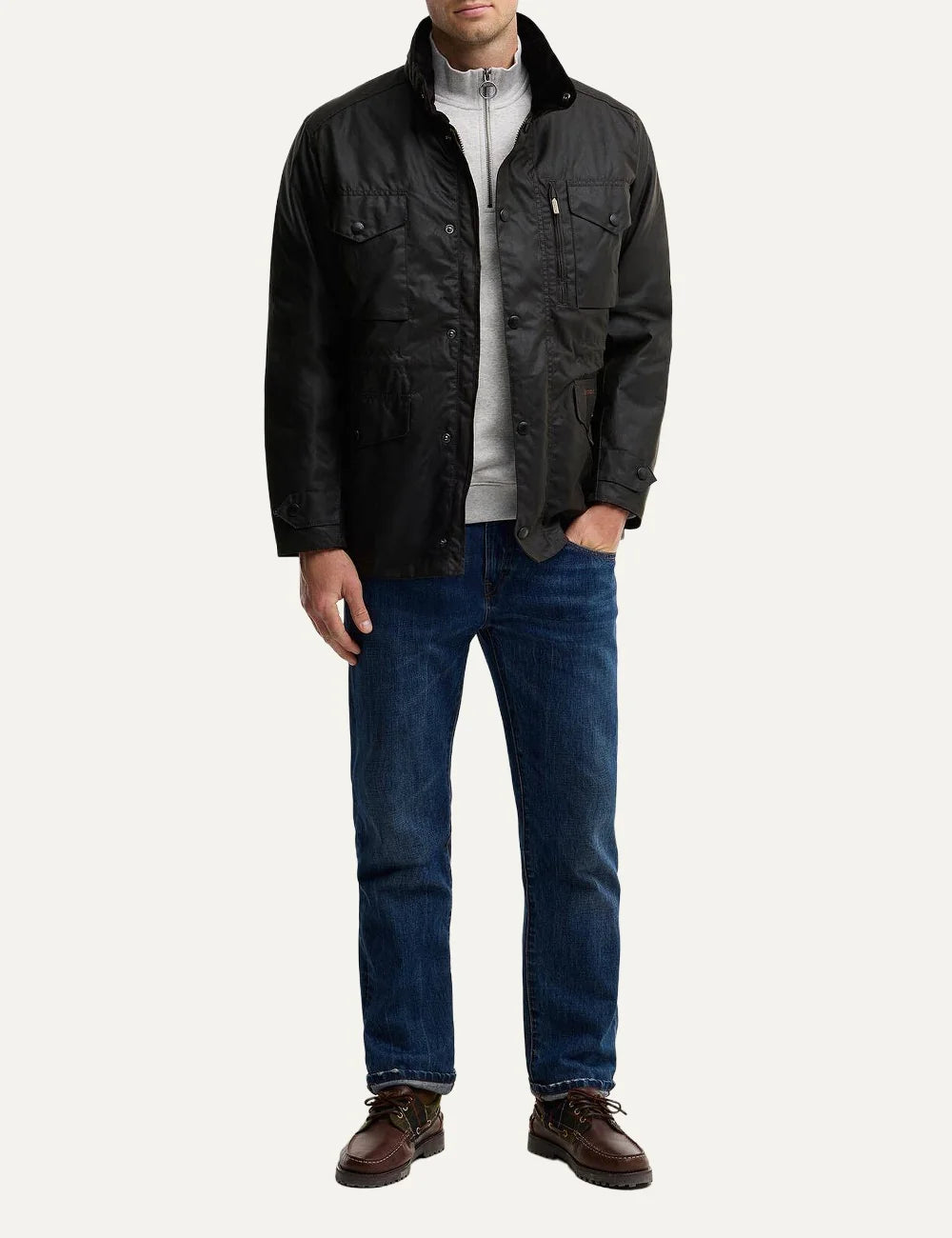 Men's Barbour Sapper dark olive Sylkoil waxed cotton jacket with four pockets, drawcord waist, quilted lining and stowaway waterproof hood full look