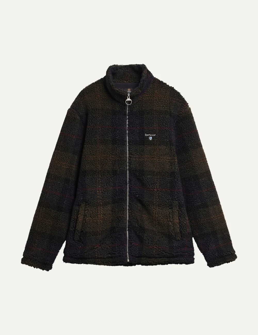 Men's Barbour Tartan Sherpa fleece jacket in dark green, navy and brown with high collar, zip fastening and chest logo product shot