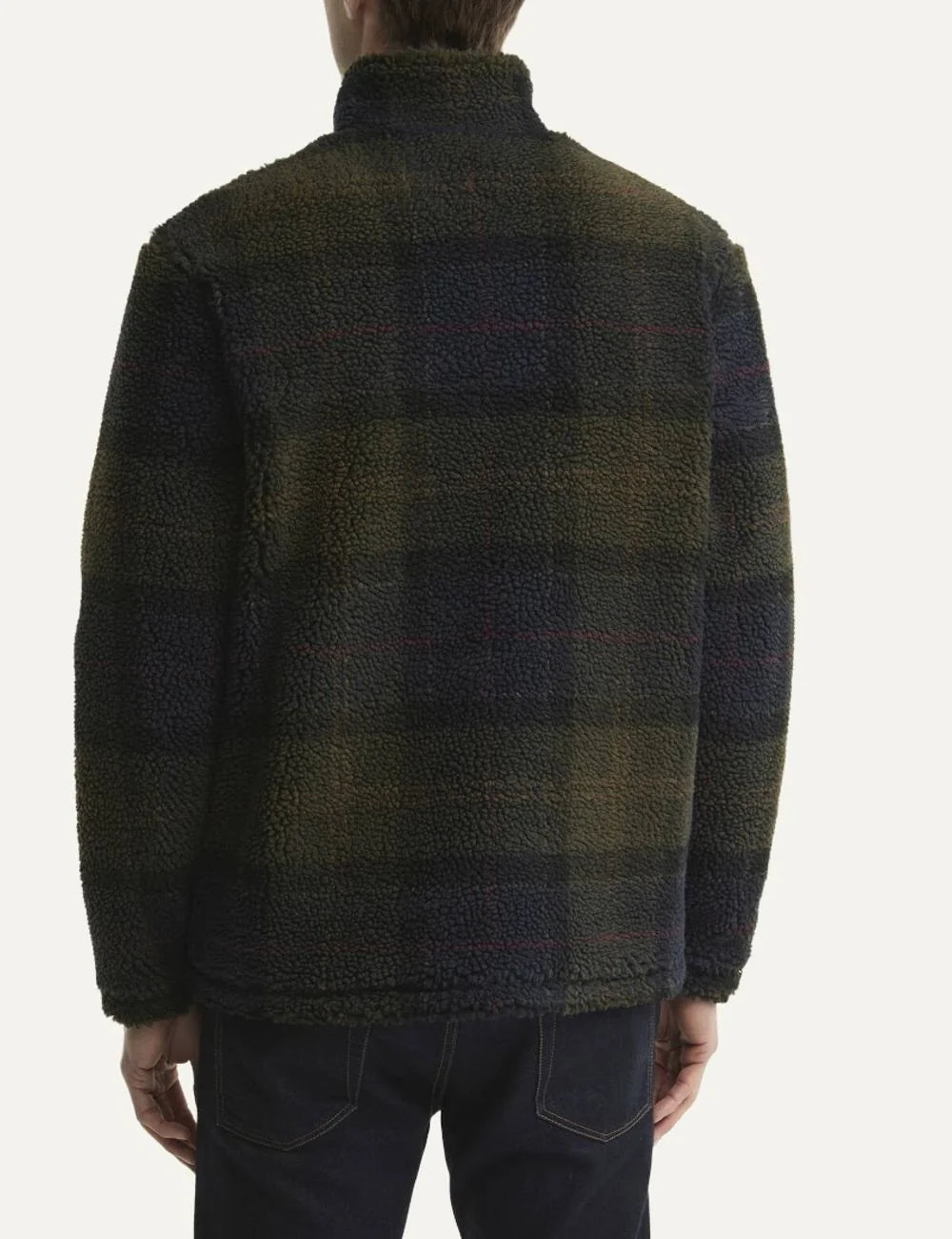 Men's Barbour Tartan Sherpa fleece jacket in dark green, navy and brown with high collar, zip fastening and chest logo back view