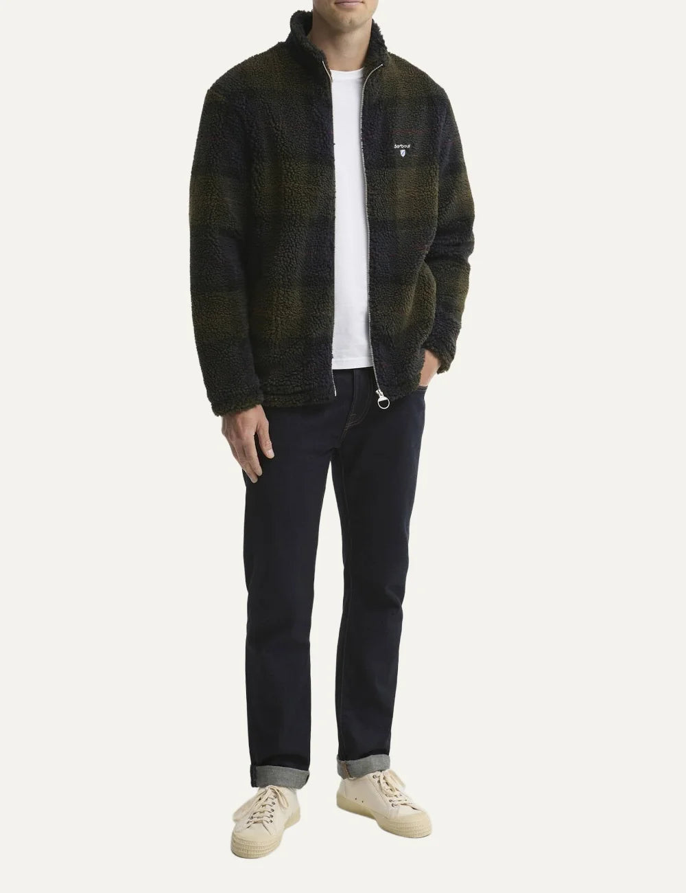 Men's Barbour Tartan Sherpa fleece jacket in dark green, navy and brown with high collar, zip fastening and chest logo full look