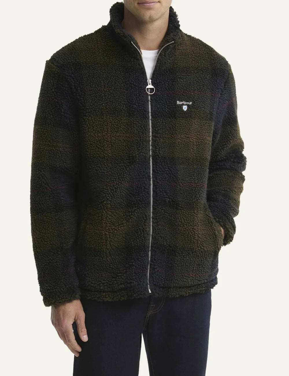Men's Barbour Tartan Sherpa fleece jacket in dark green, navy and brown with high collar, zip fastening and chest logo front view