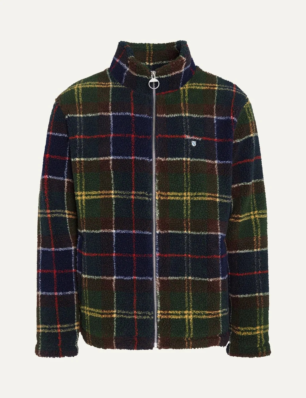 Men's Barbour Tartan Sherpa fleece jacket in green, navy and brown with high collar, zip fastening and chest logo product shot