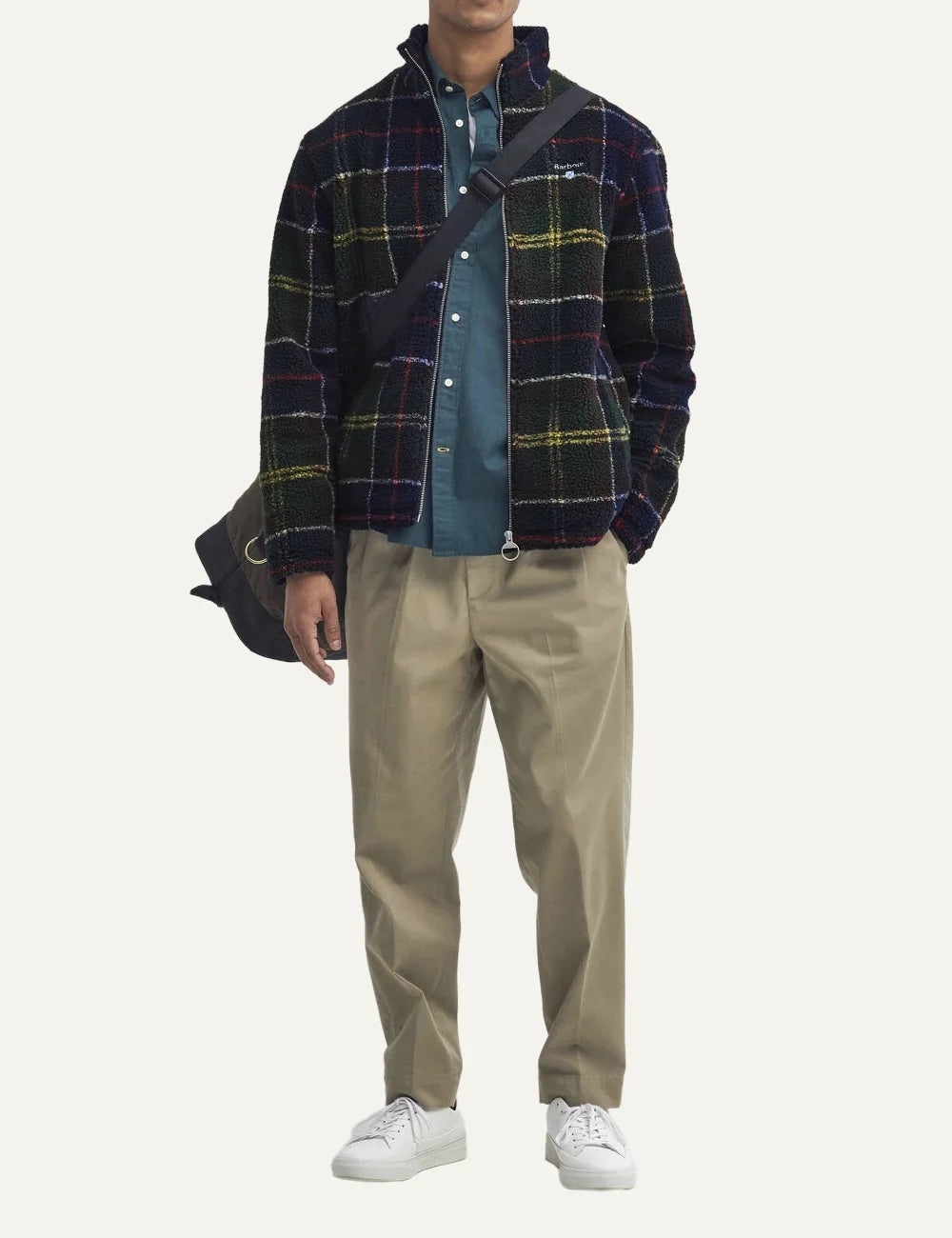 Men's Barbour Tartan Sherpa fleece jacket in green, navy and brown with high collar, zip fastening and chest logofull look