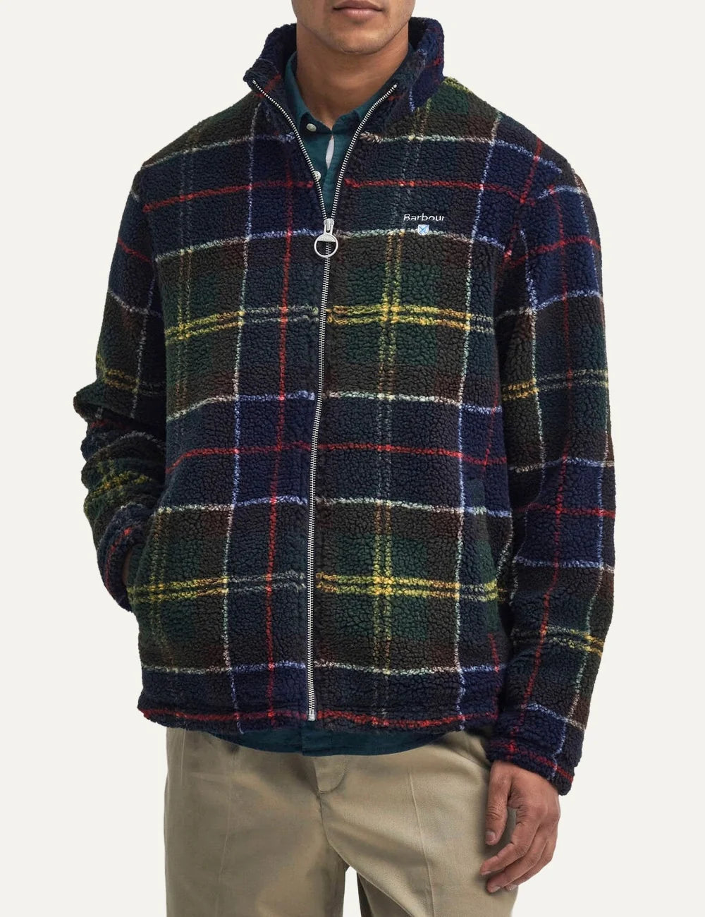 Men's Barbour Tartan Sherpa fleece jacket in green, navy and brown with high collar, zip fastening and chest logo front view
