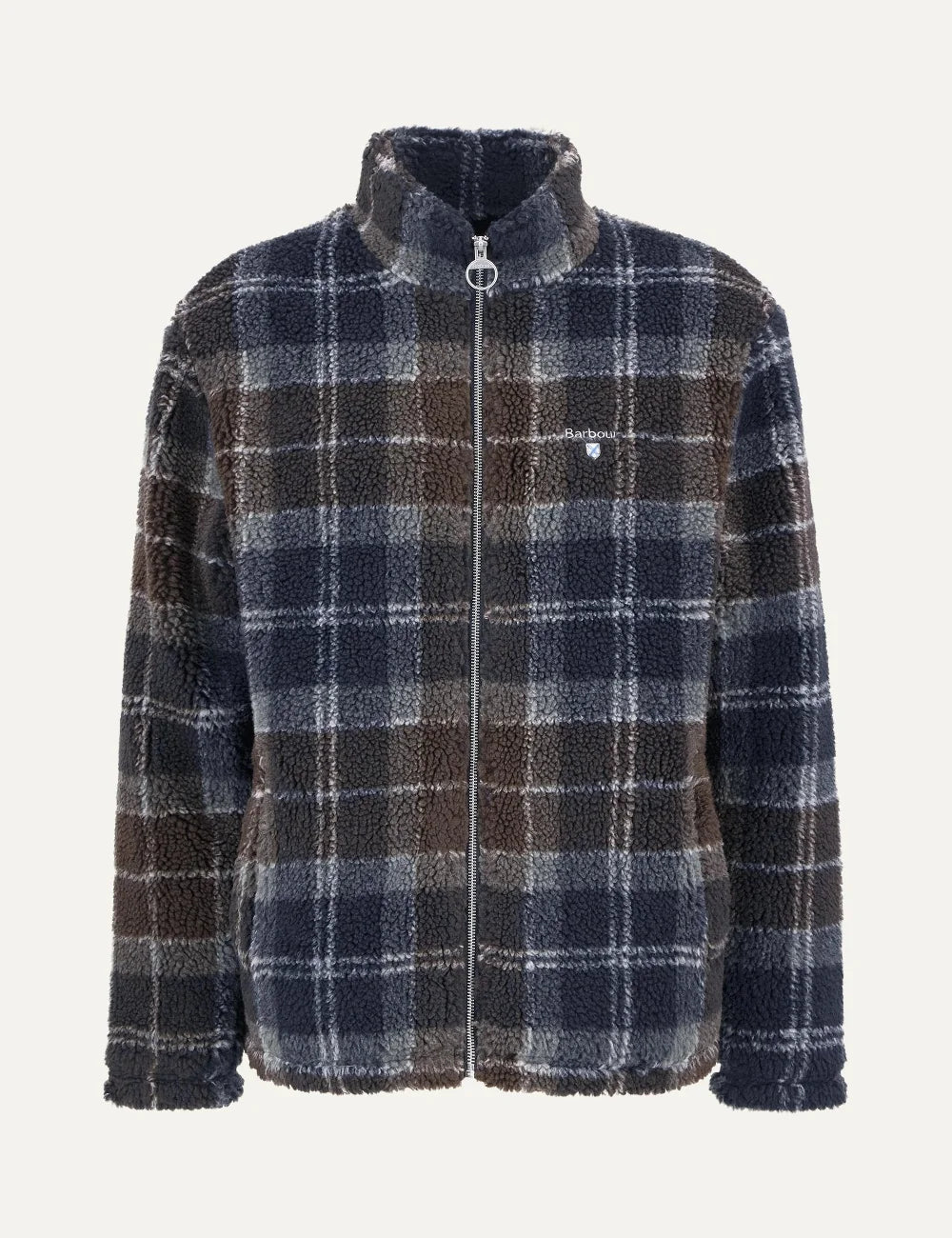 Men's Barbour Tartan Sherpa fleece jacket in navy, grey and brown with high collar, zip fastening and chest logo product view