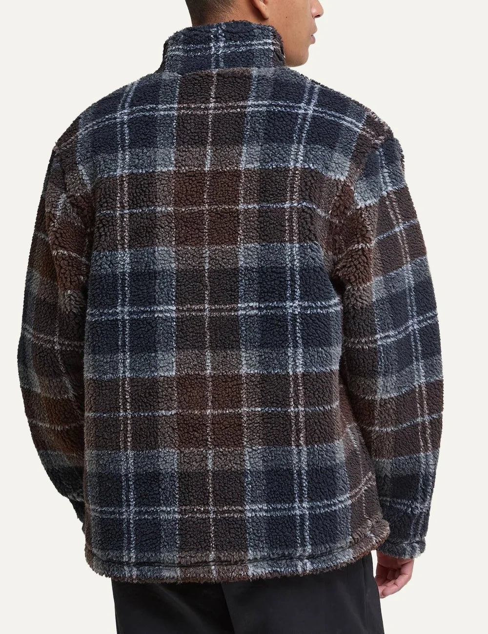 Men's Barbour Tartan Sherpa fleece jacket in navy, grey and brown with high collar, zip fastening and chest logo back view
