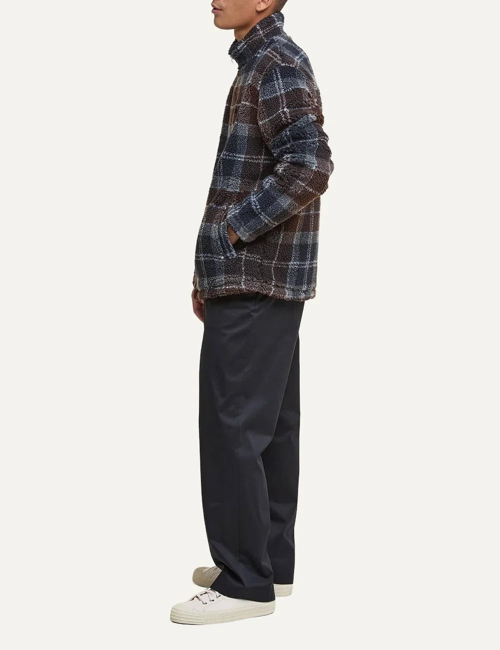 Men's Barbour Tartan Sherpa fleece jacket in navy, grey and brown with high collar, zip fastening and chest logo side view