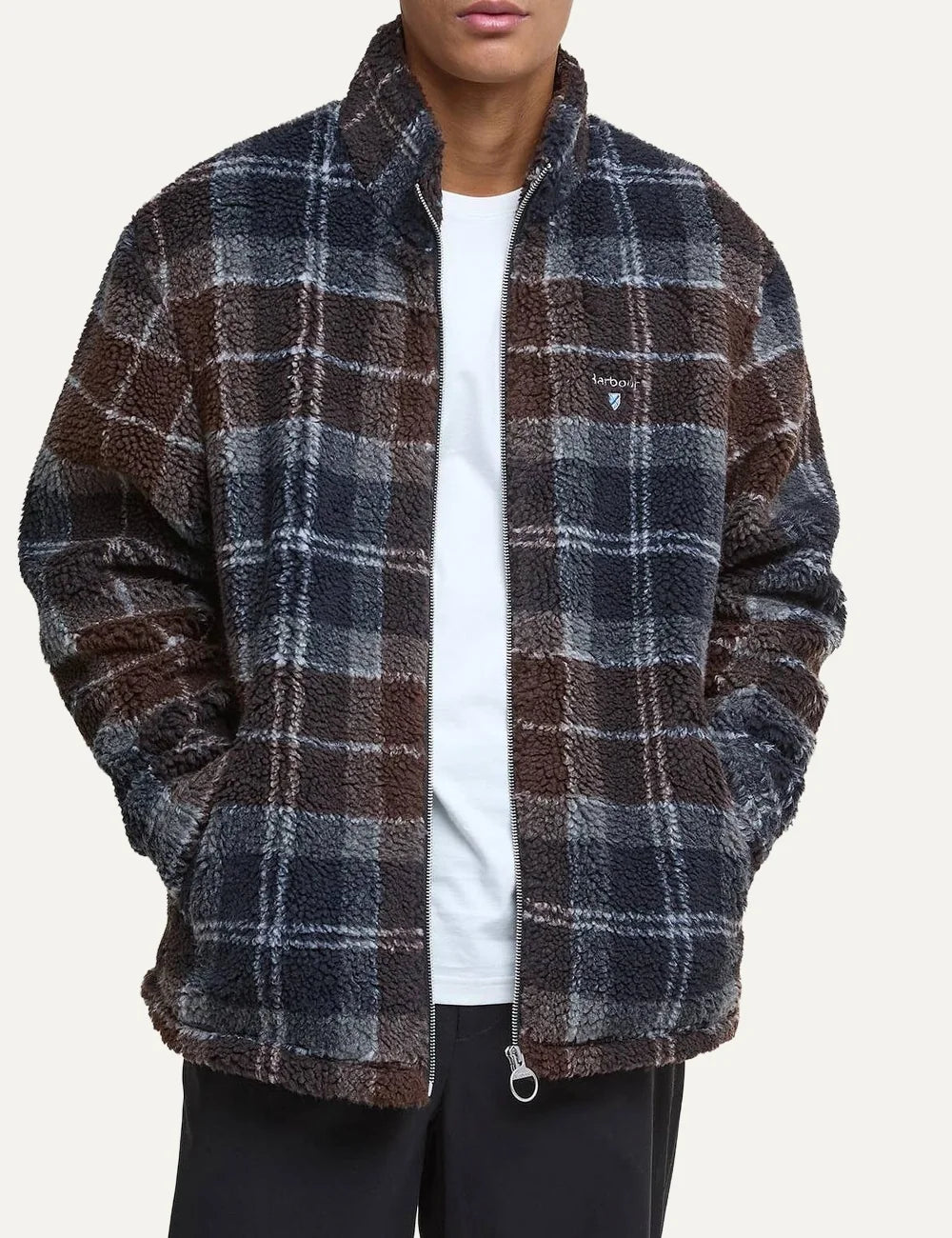 Men's Barbour Tartan Sherpa fleece jacket in navy, grey and brown with high collar, zip fastening and chest logo front view