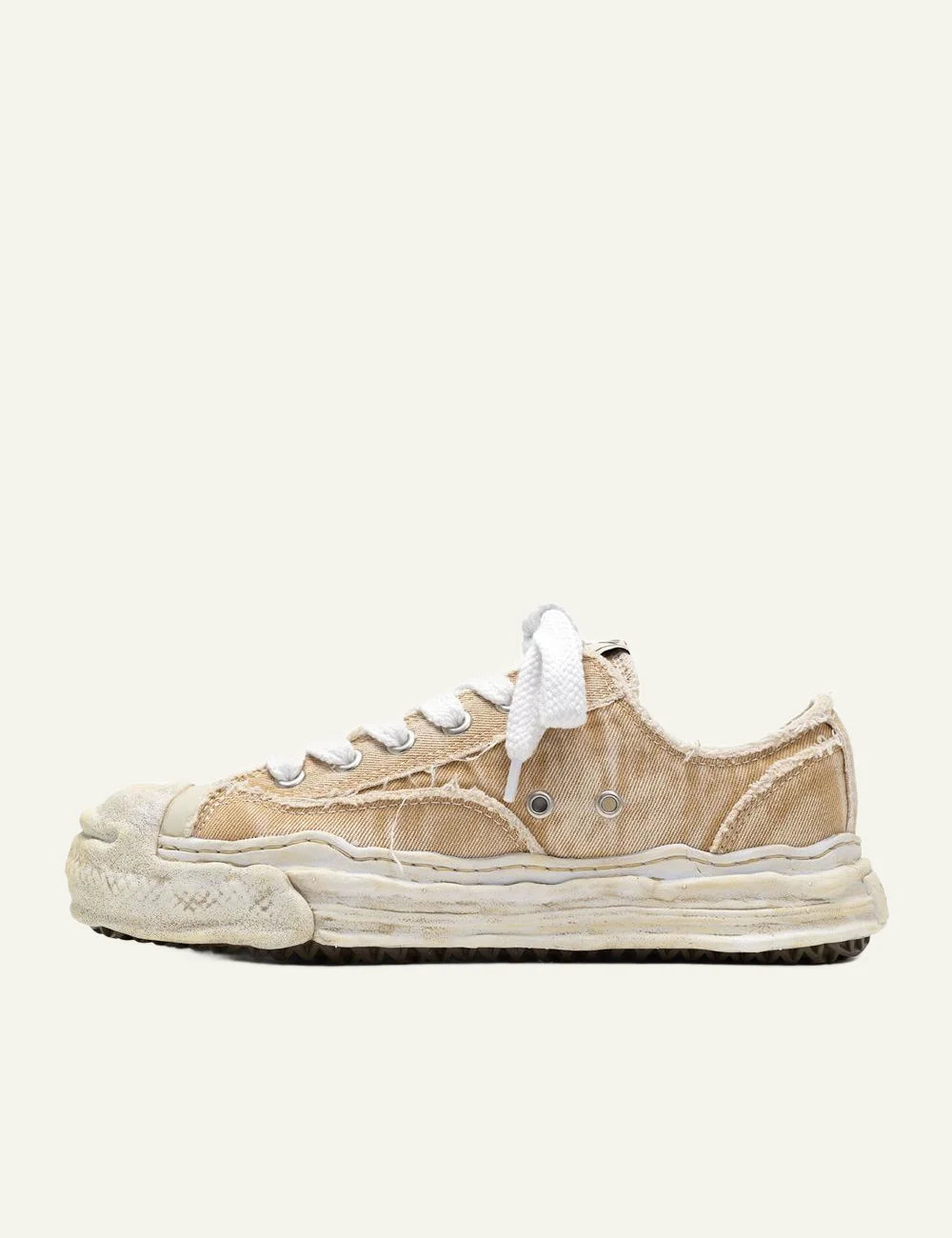 Mihara Yasuhiro Hank sneaker bleach wash denim, opposite side view με distressed canvas upper