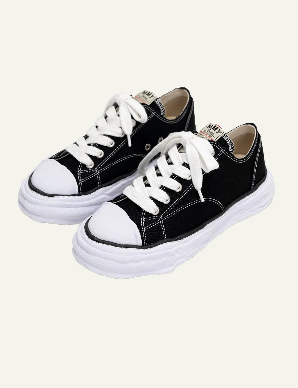 Maison Mihara Yasuhiro Peterson23 black canvas sneakers, pair view με oversized OG sole