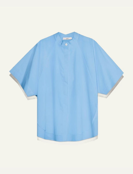 Milla blouse ciel asymmetrical short sleeve loose fit front