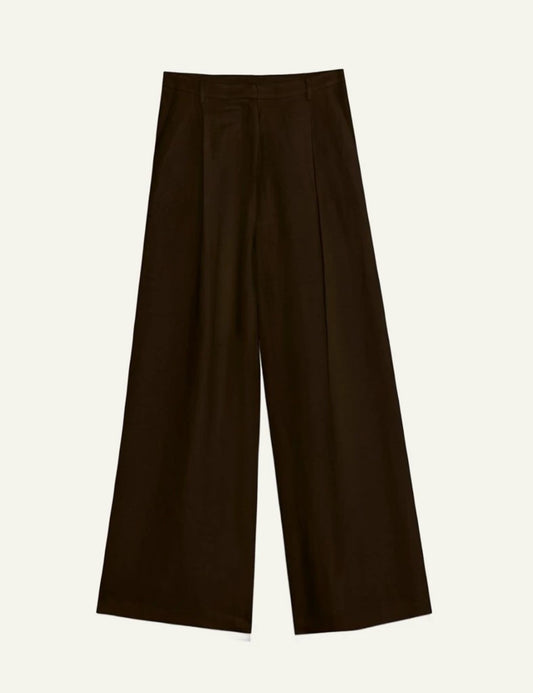 Milla pants brown high rise pleated wide leg front