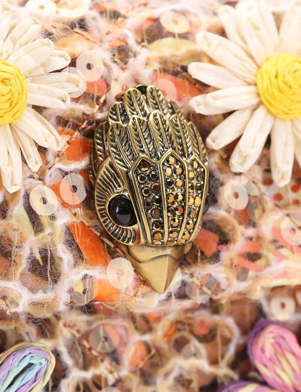 Kurt Geiger mini kensington bag floral raffia flowers sequin butterfly print detail logo