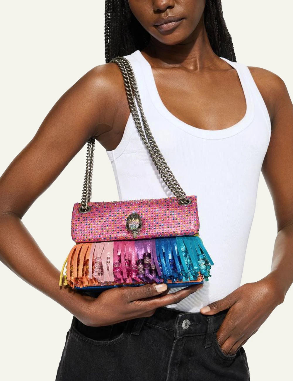 Kurt Geiger mini kensington bag multicolor crystal fringe tassel eagle front model