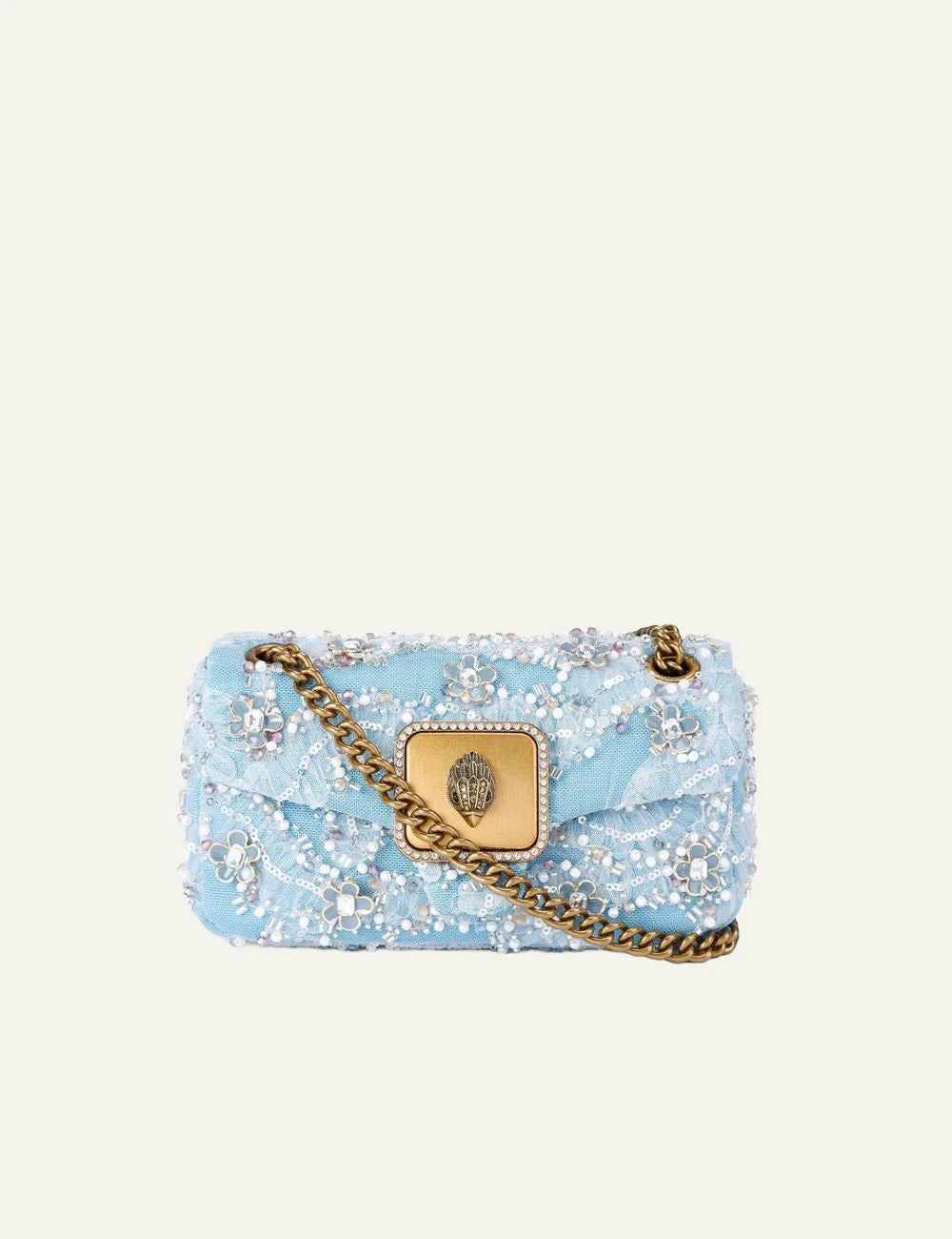 Kurt Geiger Mini Pimlico pale blue beaded mesh bag front view