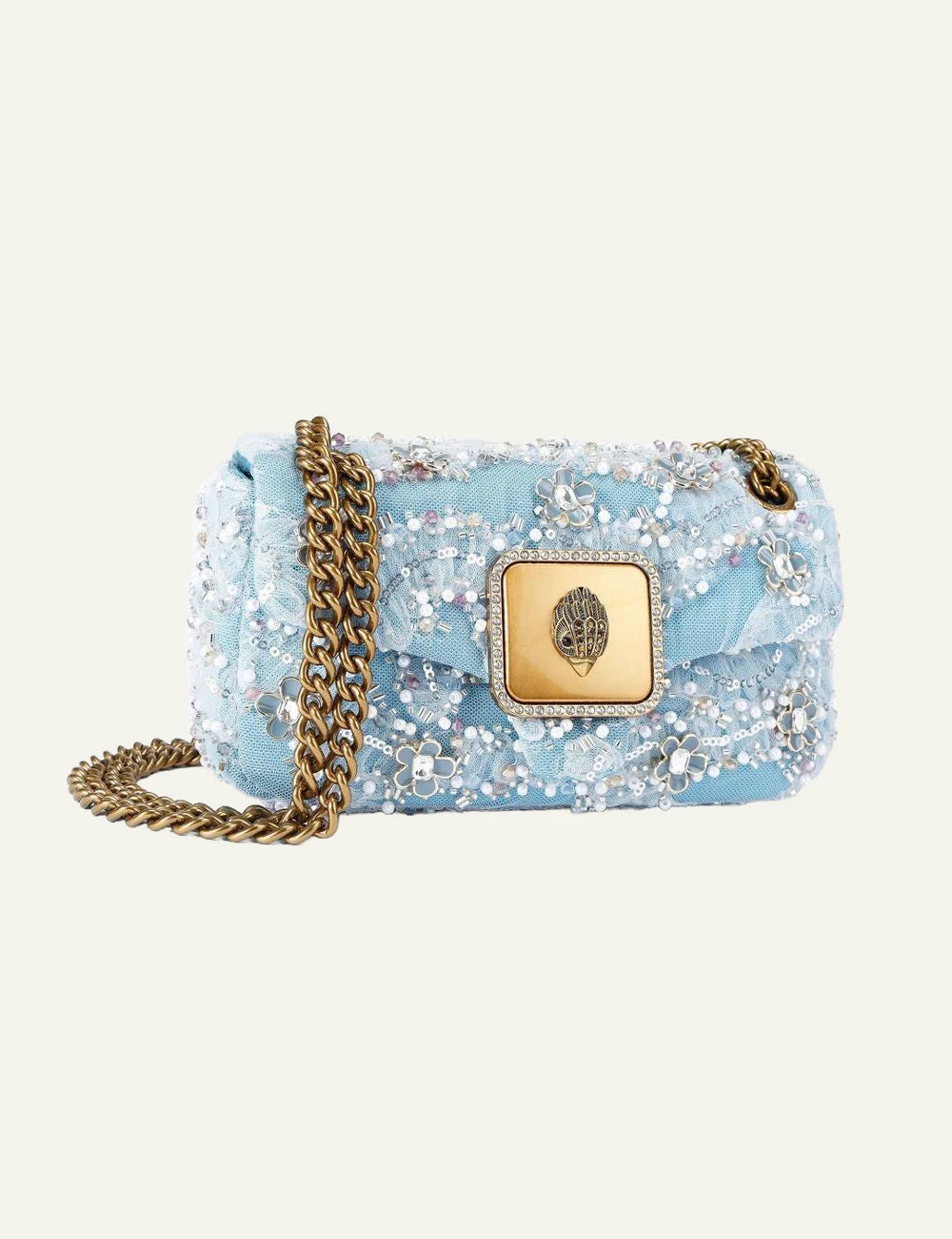 Kurt Geiger London Mini Pimlico blue beaded bag side detail with chain