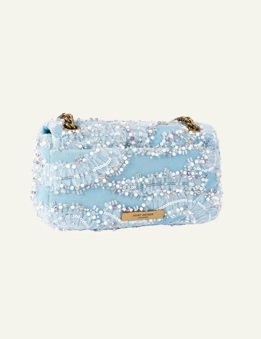 Kurt Geiger London Mini Pimlico blue bag back view with branded plate