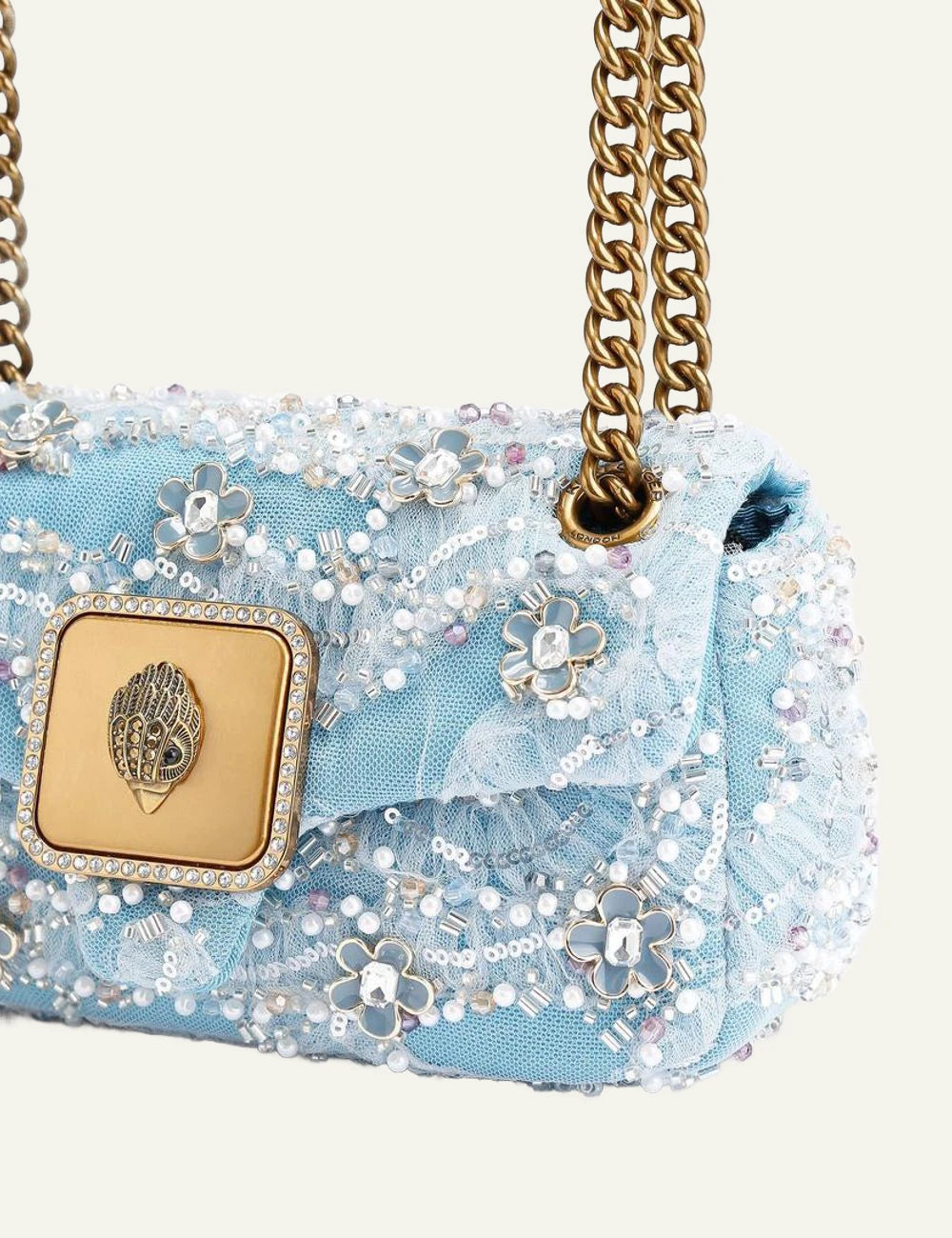 Kurt Geiger London Mini Pimlico blue beaded mesh bag front with gold chain